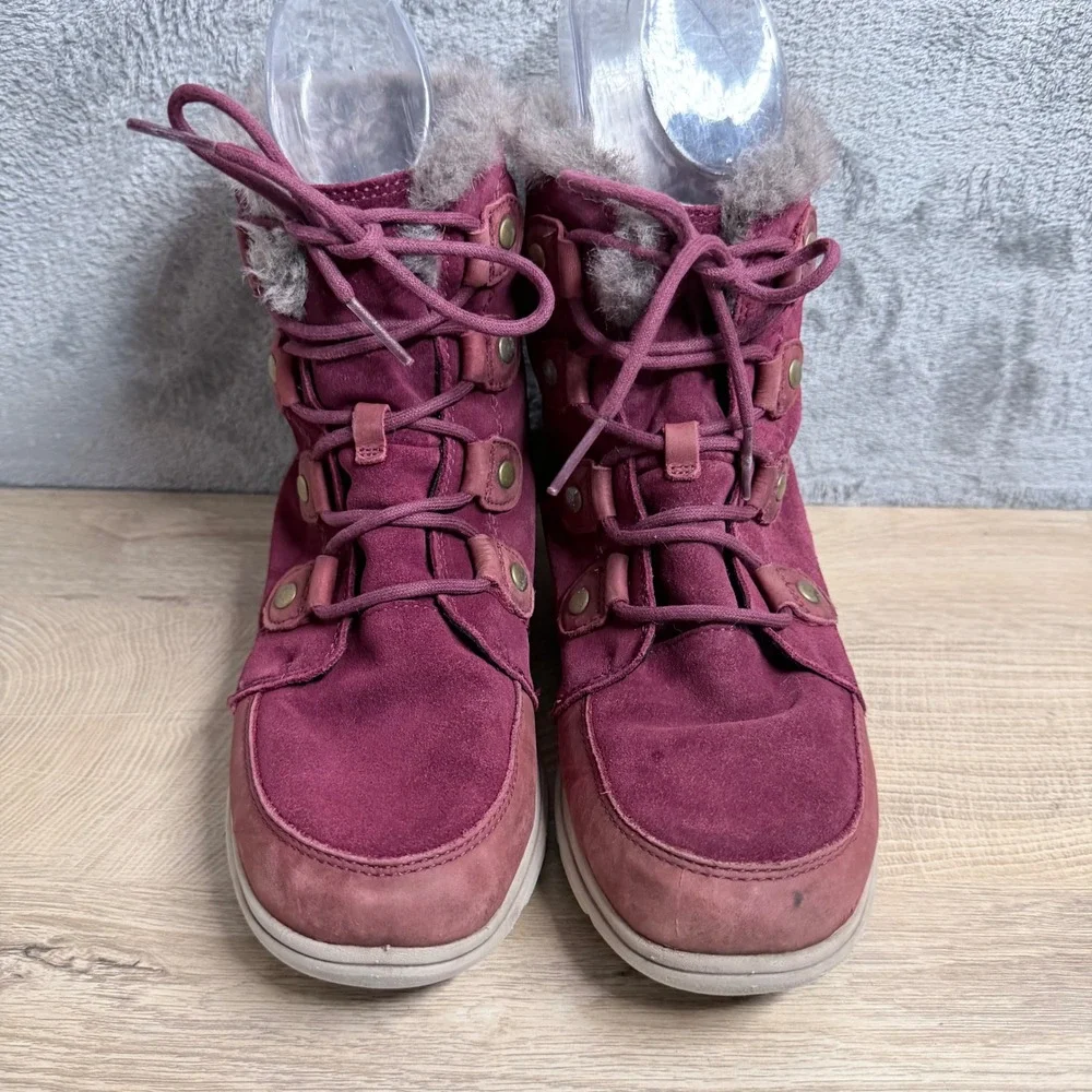 Sorel Explorer Joan Boots Women‎ 10 Burgundy Waterproof Suede Faux Fur Lined